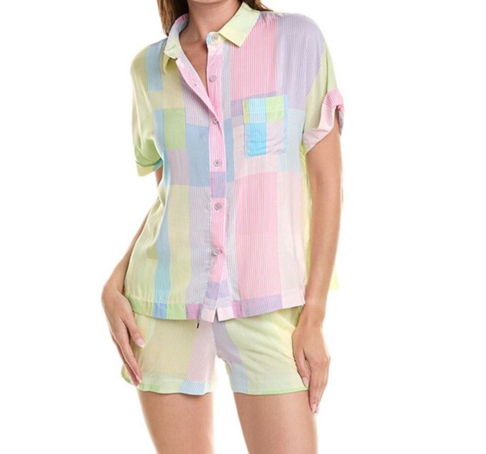 Sanctuary Medium Pajama Set Button-Up Striped Short Sleeve Lightweight Multi